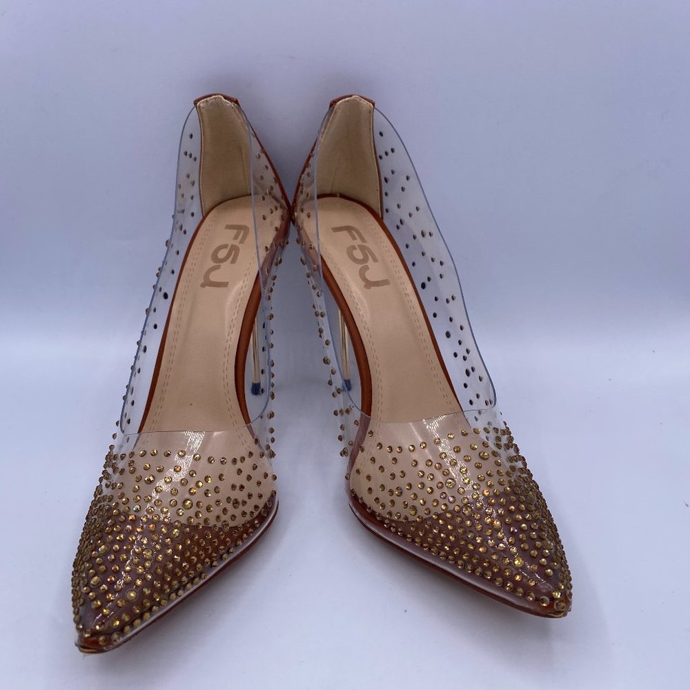 FSJ Brown Studded Pointed Toe Transparent Pumps - Picture 2 of 9